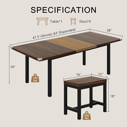 7-Piece Dining Table Set, 63" Extendable Kitchen Room Table with 6 Stools, Mid Century Modern Dinner Table with Metal Frame & MDF Board, Space-Saving, Easy Assembly, Walnut
