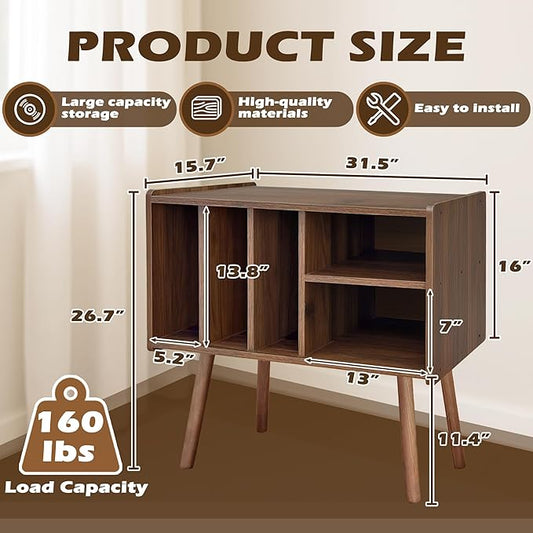 Record Player Stand with Vinyl Storage, Wooden Record Player Table with 5 Cabinet, Large Vinyl Record Player Stand, Record Player Holder, Record Player Shelf for Office Living Room, Walnut