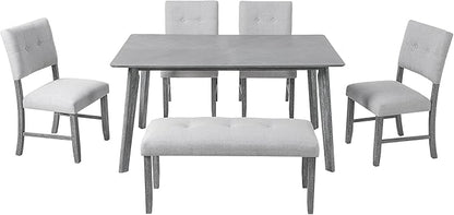 Merax 6 Piece Solid Wood Dining Table Set for 6, Rustic Farmhouse Rectangular with 4 Upholstered Wooden Chairs and 1 Bench, Kitchen Room, Gray