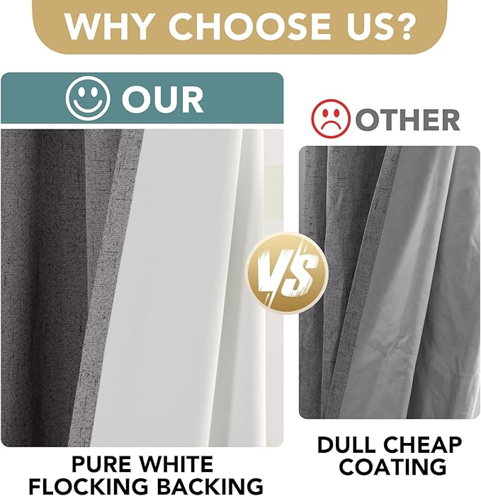 H.VERSAILTEX Linen Blackout Curtains 45 Inches Long 100% Absolutely Blackout Thermal Insulated Textured Linen Look Curtain Draperies Anti-Rust Grommet, Energy Saving with White Liner, 2 Panels, Grey