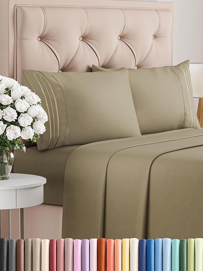 Full Size 4 Piece Sheet Set - Comfy Breathable & Cooling Bed Sheets Set - Hotel Luxury Bedding for Women, Men, Kids, Teens, Boys & Girls - Deep Pockets, Ultra-Soft and Wrinkle Free - Oeko-Tex - Khaki