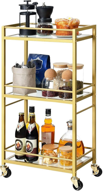 Bar Cart for The Home, 3-Tier Drink Cart on Wheels, Home Bar Serving Cart, Mini Bar Cart for Small Space, Kitchen, Dining Room, Gold RCJ40B01