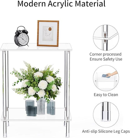 Clear Acrylic Side Table, 2-Tier End Table for Living Room, Small Modern Bedside Tables Nightstand for Bedroom, Home Decor Accent Table, 15.7" L x 11.8" W x 19.82" H, Clear