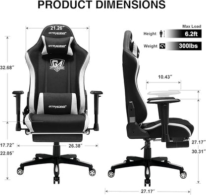 GTRACING Gaming Chair with Footrest, Fabric Breathable Big and Tall Ergonomic Computer Chair 350 lbs with Adjustable Lumbar Support and Recliner, High Back Game Chair for Office Gaming, Black
