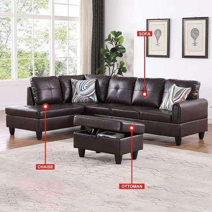 Brown L-Shaped 3-Piece Faux Leather Sofa with Storage Ottoman Set, Sectional Couch Sofa Set for Living Room, Office, Small Space