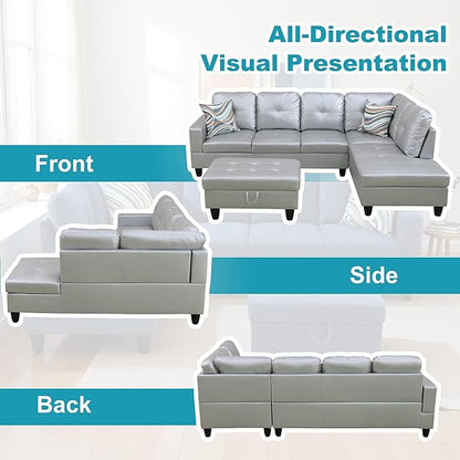 Couches for Living Room PU Leather L Shaped Couch Comfy 3 Pieces Sectional Sofa with Chaise, Ottoman with Storage for Office and Small Apartment, Silver