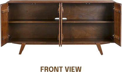 NTC Sapa Mid-Century Modern Solid Wood Sideboard – 4-Door Accent Buffet Cabinet with Carved Geometric Fronts, for Living Room, Dining Room, or Entryway, Effortless Assembly, Dark Walnut