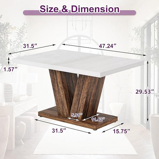 47" Dining Table, Wooden Kitchen Dinner Table Heavy Duty, Farmhouse Table for Dining Room, Living Room Space Saving, White