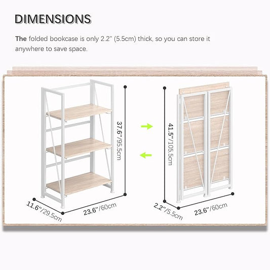4NM No-Assembly Folding Bookshelf Storage Shelves 3 Tiers Vintage Bookcase Standing Racks Study Organizer Home Office (Natural White)