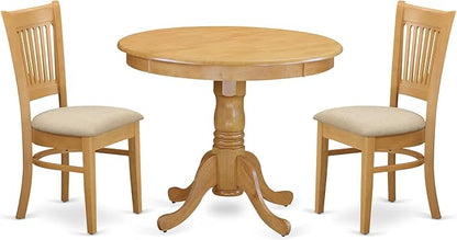 East West Furniture ANVA3-OAK-C 3 Piece Kitchen Table Set for Small Spaces Contains a Round Dining Room Table with Pedestal and 2 Linen Fabric Upholstered Chairs, 36x36 Inch, Oak