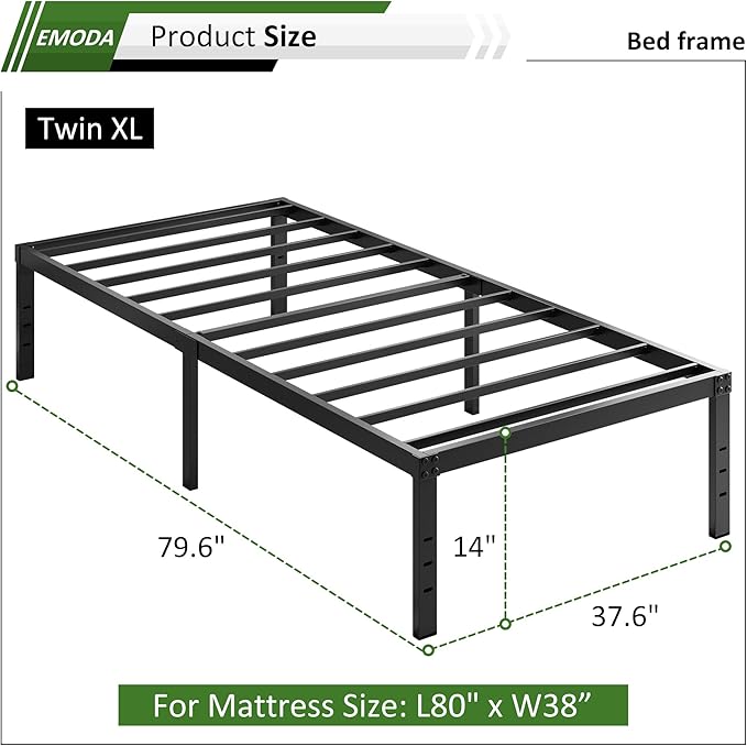 EMODA 14 Inch Twin XL Bed Frames No Box Spring Needed, Heavy Duty XL Twin Metal Platform Bed Frame, Noise Free, Easy Assembly, Black