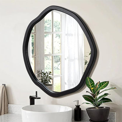 ULIKE Round Wood Mirror 24 Inch Circle Wall Mirror, Asymmetrical Bathroom Vanity Mirror with Wood Frame, Decorative Wall Mounted Mirror for Bedroom, Living Room, Entryway, Black