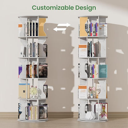 Rotating Bookshelf, 5 Tier Spinning Bookshelf Tower, Corner Revolving Storage Rack for Bedroom, Study Room, Kids Room, Living Room, Office (White, 5 Tier)