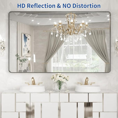 WEER Black Metal Framed Mirror, 60X36 Inch Rectangular Matte Black Wall Mirror for Bathroom, Rounded Corner Black Bathroom Vanity Mirror, Tempered Glass, Anti-Rust, Hangs Horizontal or Vertical