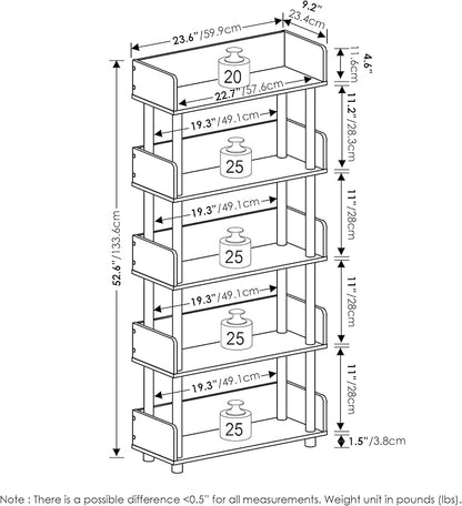 Furinno Turn-N-Tube 5-Tier Multipurposes Display Rack, Open Shelf Rack/Storage with Back & Side Panel, Amber Pine/Black