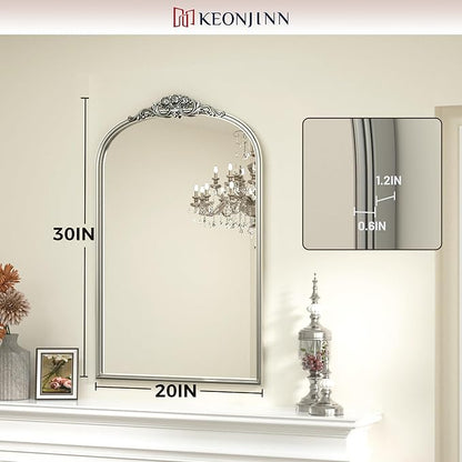 Keonjinn Vintage Arched Mirror for Wall, 20" x 30" Silver Mirror with Metal Frame, Ornate Vanity Mirror, Baroque Arch Mirror, Decorative Brass Mirror for Mantle, Living Room, French Cleat Mounting