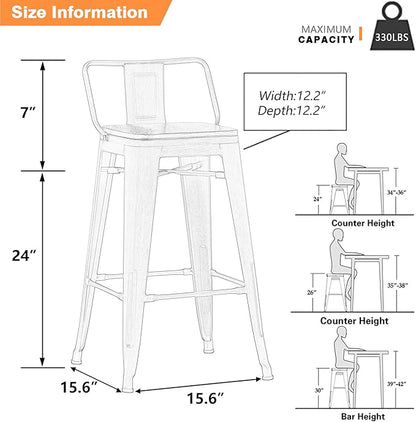 Yongchuang 24 inch Barstools Set of 4 Counter Height Bar Stools Farmhouse Kitchen Metal Bar Chairs with Wood Seat Low Back Cream White
