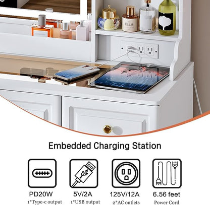 42" Makeup Vanity Desk with Mirror and Lights, & Power Outl, Glass Top Big Vanity Table with 9 Drawers& 8 Storage Shelves, Dressing Table Set with Chair for Bedroom, White