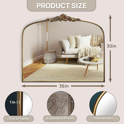 Vintage Gold Arched Wall Mirror 36"x30" – Ornate Baroque Style Antique Brass Frame, Decorative Large Mirror for Entryway, Living Room, Fireplace, Hallway, Bathroom
