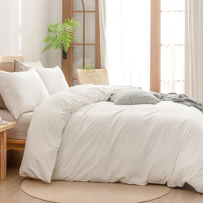 BESTOUCH Duvet Cover Set 100% Washed Cotton Linen Feel Super Soft Comfortable Chic Lightweight 3 PCs Home Bedding Set Solid Off White Oversized Queen