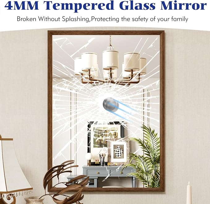 Rectangle Bathroom Mirror 40x36 Inch, Walnut Wood Grain Framed, Anti-Rust & 4mm Tempered Glass, Horizontal/Vertical Hanging Vanity Mirror for Bathroom & Bedroom