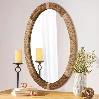 ULIKE Oval Rattan Wall Mirror, 22x30 Inch Rustic Farmhouse Wall Decor with Wicker Frame, Boho Mirror for Nursery Bathroom Bedroom Living Room Entryway