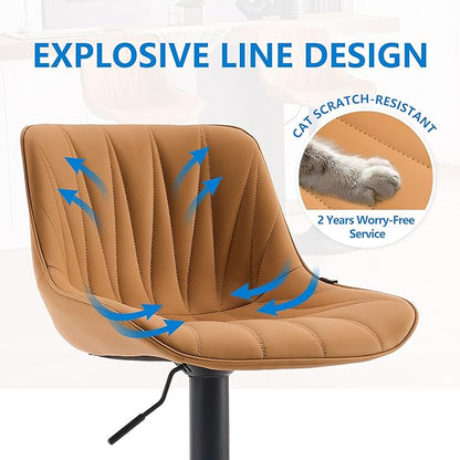 YOUNIKE Saffron Bar Stools Set of 2, Tan Swivel Barstools for Kitchen Island, Adjustable Leather Padded Bar Chairs with Back, Modern Counter Height Stools with 300LBS Support