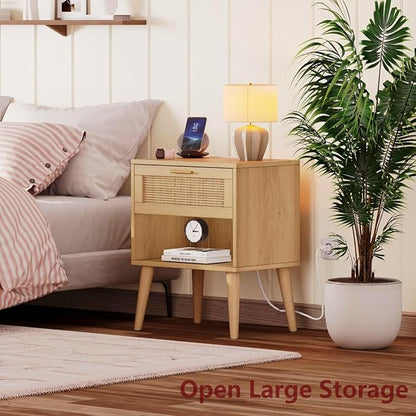 Irontar 17.7''L Nightstand Set of 2, Bedroom Night Stand with Charging Station & Rattan Drawer, Boho Style Bed Side Tables with Solid Legs, Accent End Table with Open Storage, Natural BZZ007ME02