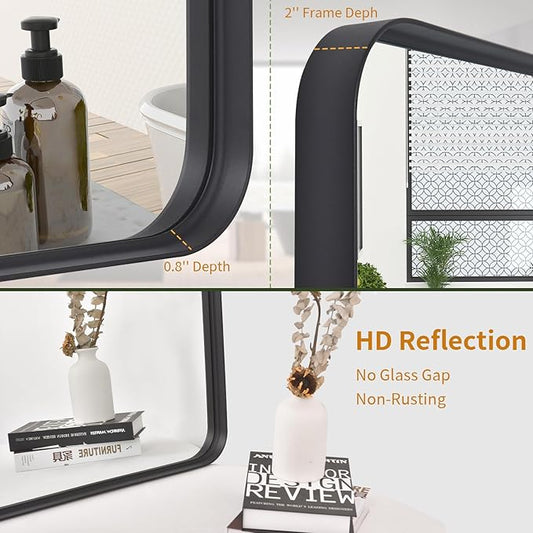 Bathroom Mirror 30x40 inch, Black Gorgeous Deep Frame Wall Mirror, Modern Round Corner Bathroom Vanity Mirror for Bedroom, Living Room, Hanging or Leaning Horizontal or Vertical, Black