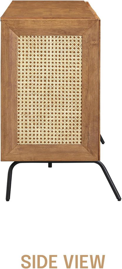 NTC MOSSIC Modern Sideboard with 4 Doors, Natural Rattan Storage Cabinet, Buffet with Metal Legs, Boho Accent Cabinet for Living Room, and Entryway, Effortless Assembly, Teak Look