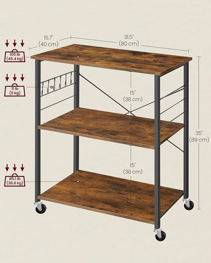 VASAGLE Kitchen Shelf on Wheels, Serving Cart with 3 Shelves, Kitchen Cart, Microwave Shelf, for Mini Oven, Toaster, with 6 Hooks, Industrial Style, Rustic Brown and Black UKKS067K01
