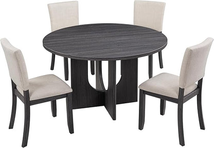 Ball & Cast 5 Piece Dining Table Set with 4 Upholstered Chairs,Wooden Living Room Furniture W/ 47.3" Round Kitchen Desk & Backrest Chair,for Small Space,Dining Room,Antique Black & Beige