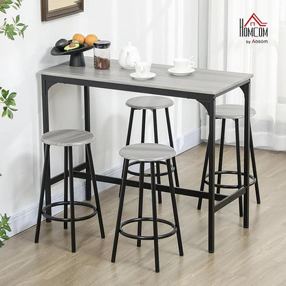 HOMCOM 5-Piece Counter Height Bar Table Set, Rustic 43.25" Dining Table with 4 Bar Stools, Kitchen Table with Wooden Top for Pub, Dining Room, Gray