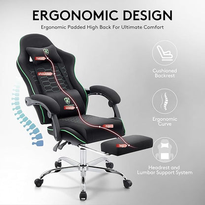 Gaming Chair Breathable Fabric,Computer Office Chair with Footrest,Massage Lumbar Support and Gel Pad,Ergonomic Reclining Adjustable Gamer Chair with Headrest and Spring Cushion Black Green