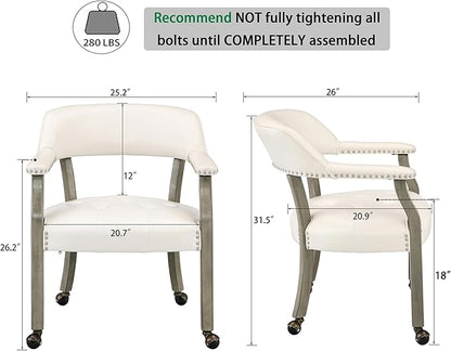 LEEMTORIG Large Dining Chairs with Casters and Arms, Rolling Dining Chairs with Wheels, Accent Game Poker Table Chairs, Solid Wood Office Chairs, 26“Dx25.2 Wx31.5“H, Grey Legs & Ivory PU SY-1318-WT