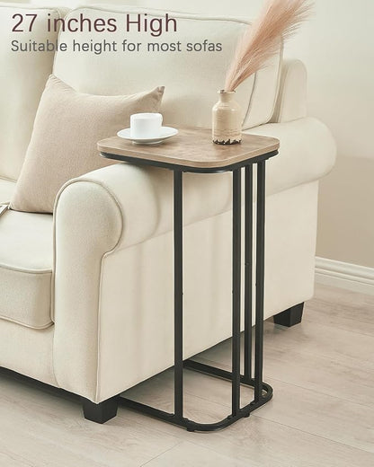 C Shaped End Table, 27 Inches High Small Side Table for Sofa and Bed, Couch Table That Slides Under, Tall Tv Tray Table for Living Room, Bedroom, Metal Frame, Greige & Black