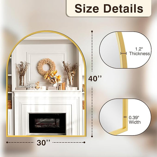 FICTOR Bathroom Vanity Mirror for Wall,40”x30” Large Arched Metal Framed Bathroom Mirror for Over Sink, Entryway, Living Room,Bedroom(Gold)