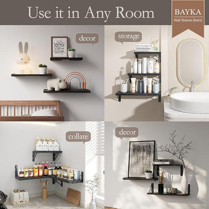 BAYKA Wall Shelves for Bedroom Decor, Floating Shelves for Wall Storage, Display Mounted Rustic Wood Shelf for Books,Plants,Corner Shelves for Bathroom,Kitchen,Living Room(Set of 4)