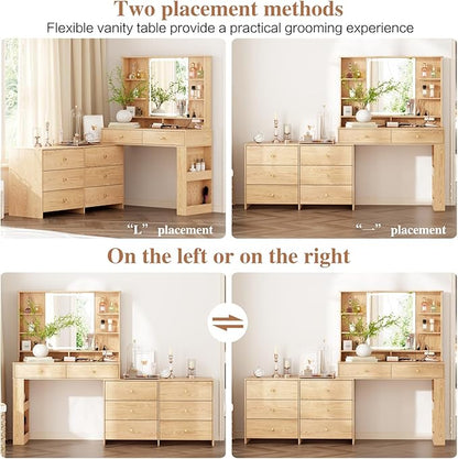 Large Makeup Vanity Desk with Mirror and Lights, Vanity Desk with 8 Drawers & Storage Shelves, Vanity Table with Power Outlet, 3 Color Modes & Adjustable Brightness Dressing Table, Bedroom,Oak