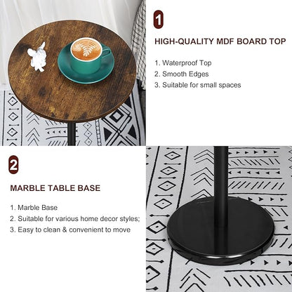 smusei Set of 2 Small Side Table for Small Spaces 2 Packs Drink Table Round Pedestal Side Tables with Marble Base for Sofa Couch Chair Patio, Brown and Black