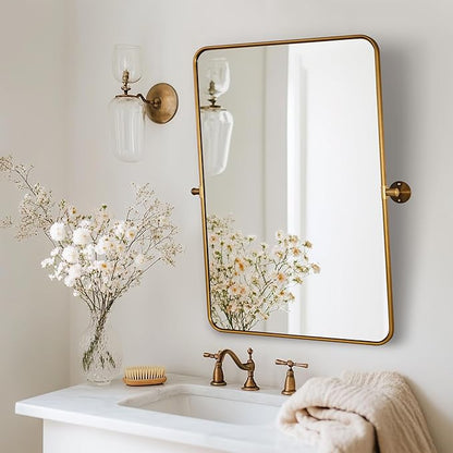 ANDY STAR Gold Pivot Mirror, 20" x 28" Brushed Brass Metal Frame Vanity Mirrors for Over Sink, Farmhouse Rectangle Bathroom Mirror with Adjustable Tilting Design Wall Mounted