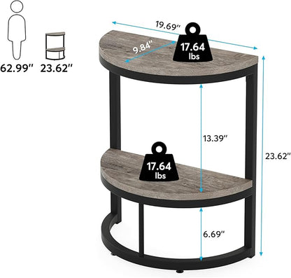 Tribesigns 2-Tier End Table Semi Circle, Small Half Round Side Table with Storage Shelf, Wood Accent Table Slim C Table for Sofa Couch, Living Room, Bedroom, Easy Assembly, Rustic Grey & Black