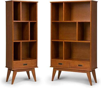 SIMPLIHOME Draper Bookcase - 64 inch Tall Solid Hardwood Storage Bookshelf in Teak Brown, Mid-Century Modern Storage for Living Room, Study Room or Office with Adjustable Shelves and Angled Legs