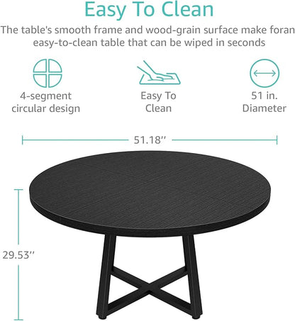 Black Round Dining Table for 6 - Modern Circle 51 Inch Large Room Kitchen Dinning Tables for 4 to 6 Person Seats Small Spaces Wood Dinner Mesa De Comedor Redonda