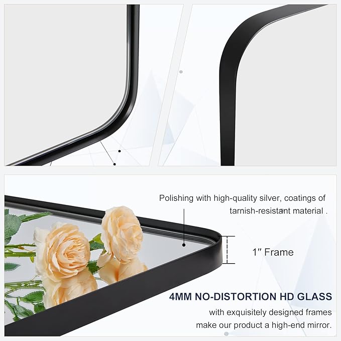 MOON MIRROR 30" x 22" Matte Black Rectangle Bathroom Mirror, Tilting Rounded Rectangular Metal Framed Pivot Wall Mirror, Hangs Horizontally Only(Overall 33.75" x 22")