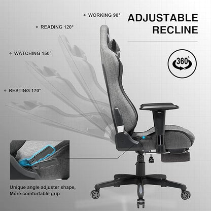 GTRACING Gaming Chair with Footrest, Fabric Breathable Big and Tall Ergonomic Computer Chair 350 lbs with Adjustable Lumbar Support and Recliner，High Back Game Chair for Office Gaming, Grey