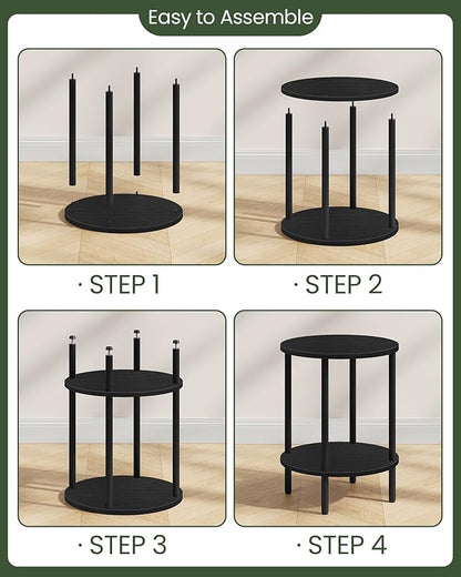 Round Side Table, 2-Tier End Table, Small Side Table with Metal Tube, Industrial Coffee Table, for Living Room, Bedroom, Black TBZ11BB