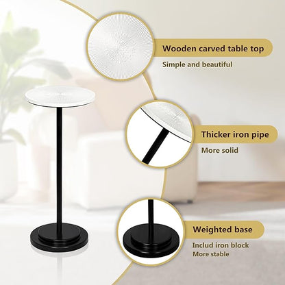 Drink Table, Carved Table Top Martini Table, Small Side Table, Weighted Base Pedestal Table for Living Room, Bedroom, Modern, White and Black
