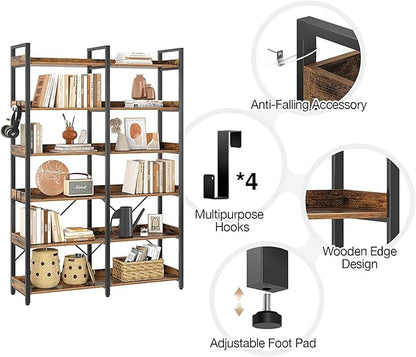 Seventable Bookshelf 6 Tier with 4 Hooks, 67” Industrial Wooden Bookcase, Vintage Storage Rack with Open Shelves, Rustic Standing Bookshelves Metal Frame 43.3” Wide Display Rack, Rustic Brown