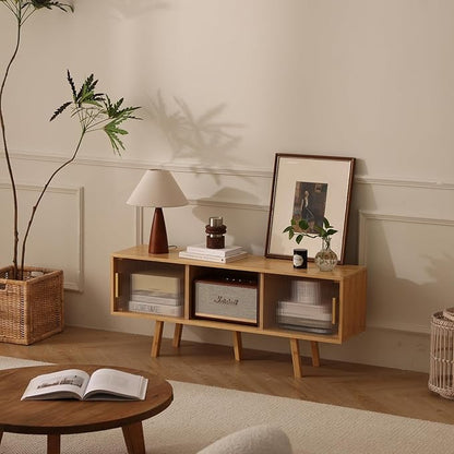 Bamboo TV Stand Entertainment Center- Mid-Century Modern Television Stand for 50 inch TVs, Bamboo Media Console Table, Open Storage Shelves for Living Room, Bedroom and Home Decor
